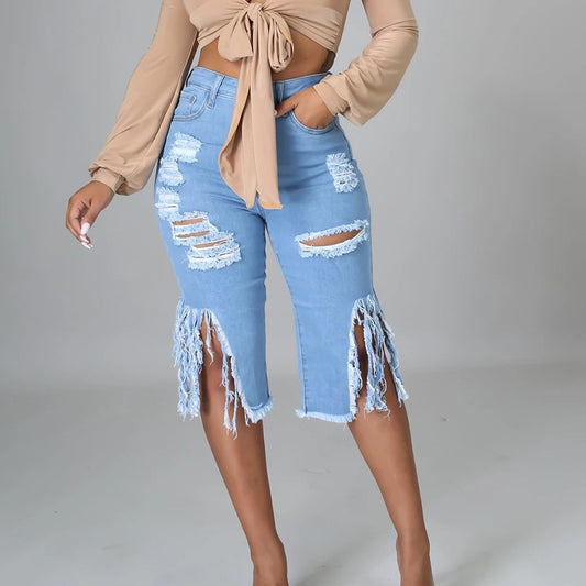 New Style Ripped Elastic Fringed Jeans Women High Waist Knee-length Casual Slim Fit